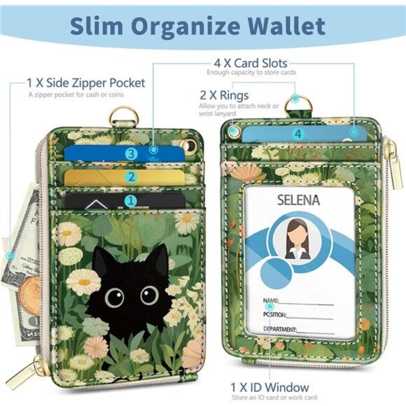 Floral Cat Lanyard Wallet ID Badge Holder RFID Keychain Wristlet Card Holder - Picture 5 of 7